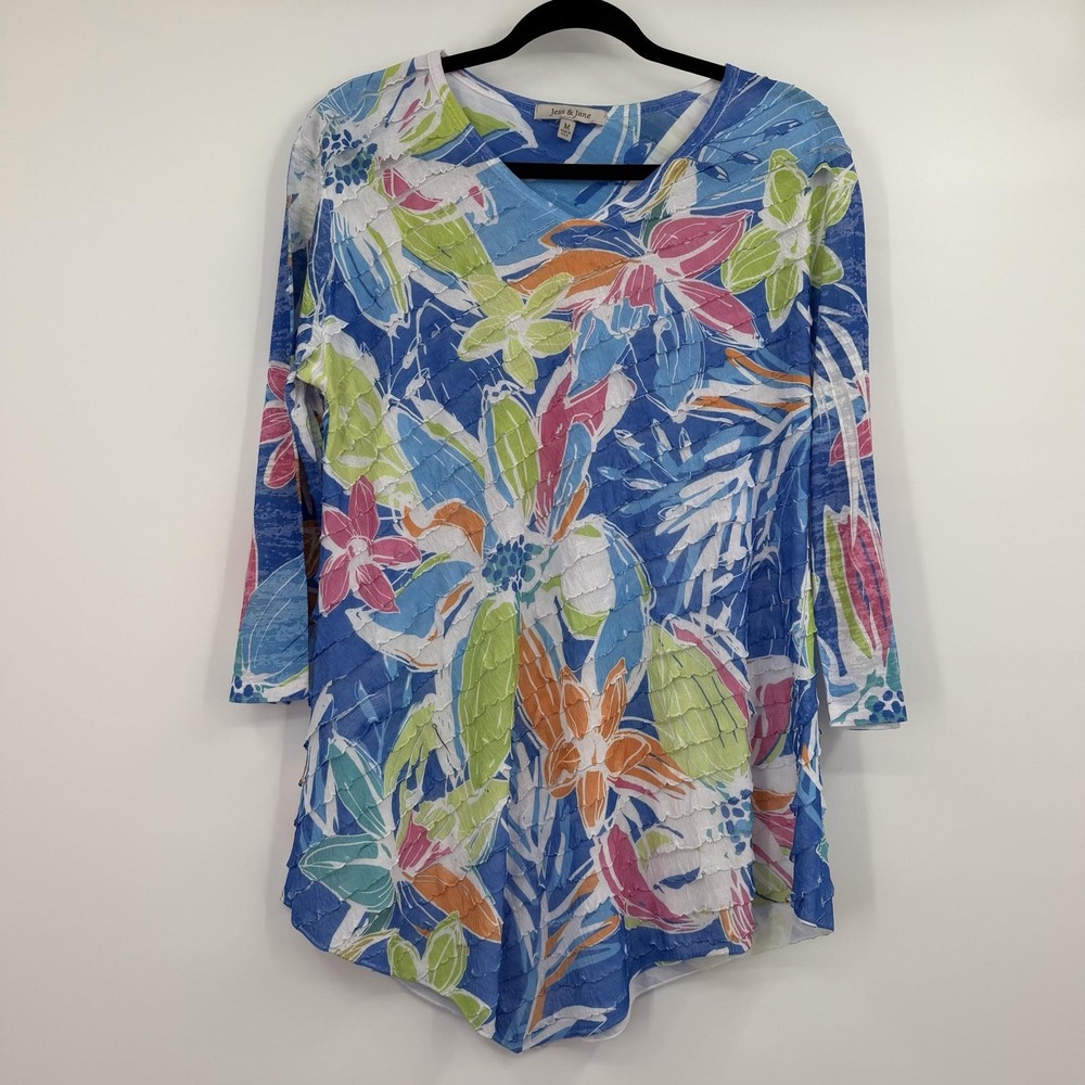 Jess Jane Tunic Top Womens Medium Floral Pleated Lightweight Boxy Tropical Art
